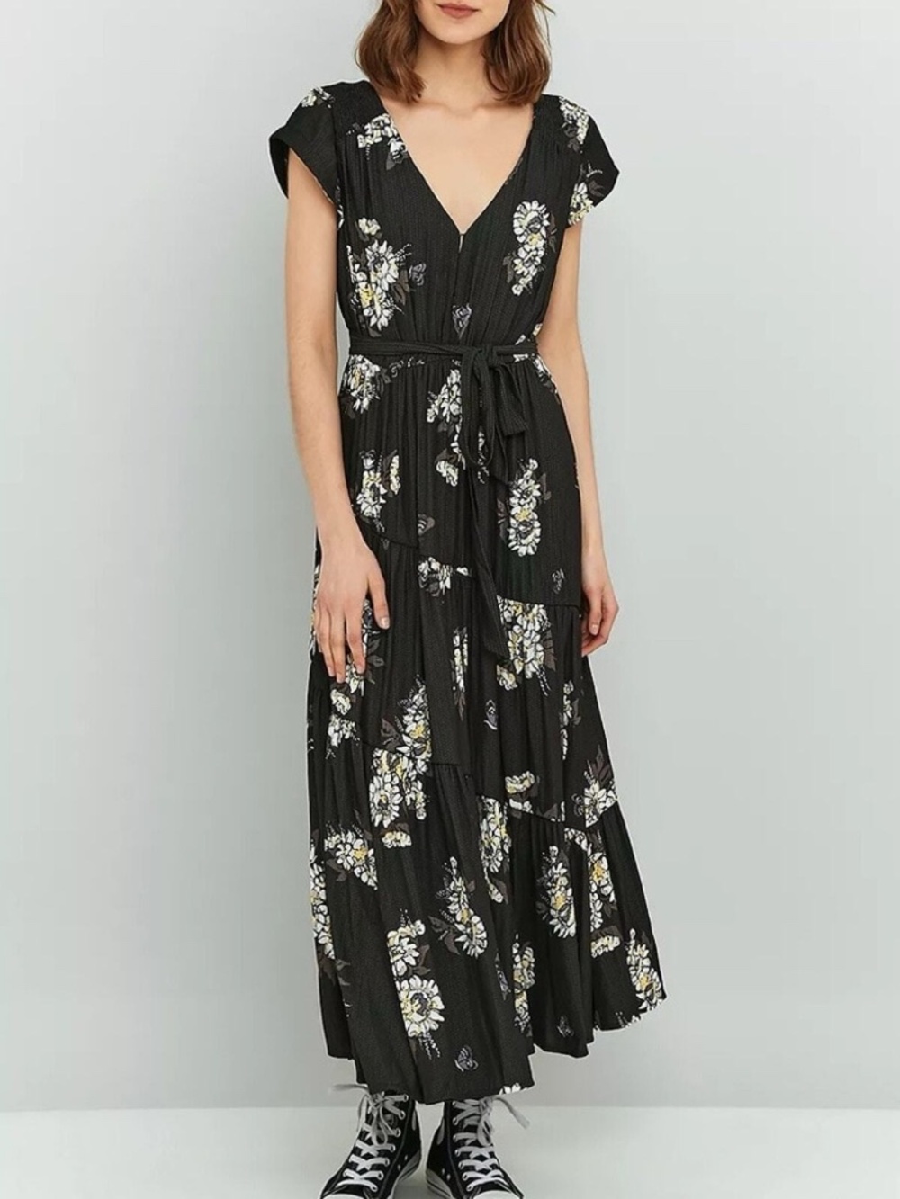 FREE PEOPLE All I Got Black Floral V-Neck Tiered Belted Boho Maxi Dress SZ 10